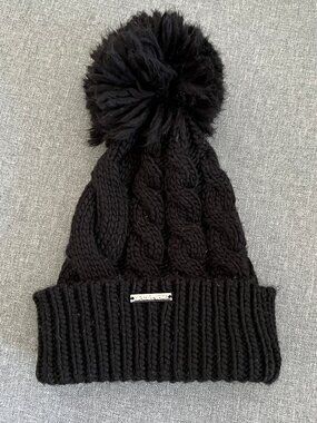 Michael Kors Cable Knit Cuff Pom Beanie Chunky Knit Black One Size